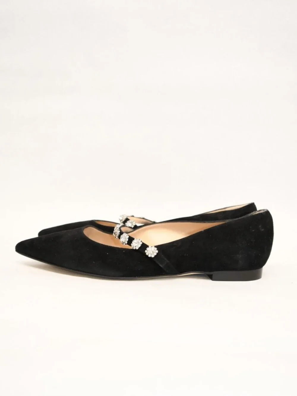 $550 STUART WEITZMAN Justina Mary Jane Flat BLACK SUEDE CRYSTAL JEWEL 7.5 (PD2)